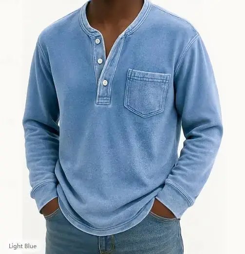 T-shirt à manches longues pour homme, trois boutons, printemps-automne, col rond, mélange de coton, 