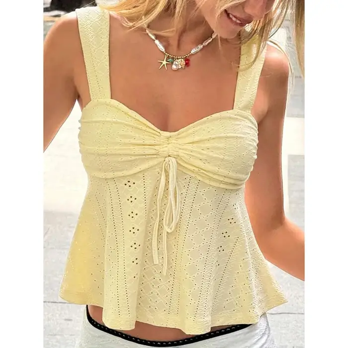 Débardeur femme à nœud à nouer sur le devant, broderie anglaise, buste froncé, sans manches, style b