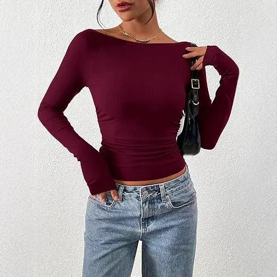 T-shirt côtelé à manches longues pour femme