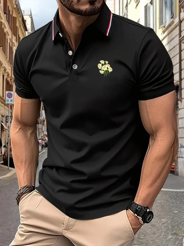 Polo pour hommes, élégant, noir, sur mesure, col contrasté, broderie marguerite délicate, haut éléga