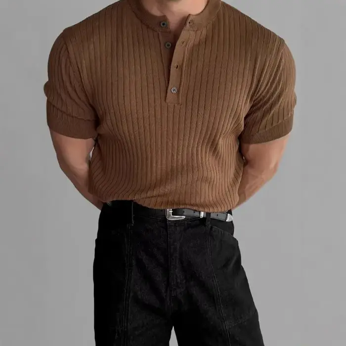 Chemise Henley côtelée ajustée pour homme, manches courtes, boutonnée, décontractée, style muscle