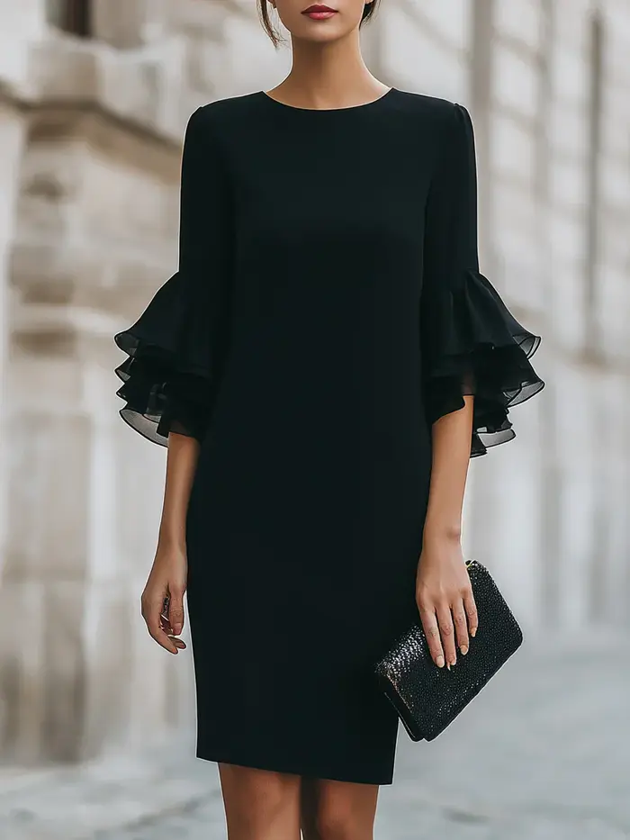 Robe midi à volants à trois quarts de manche pour femmes