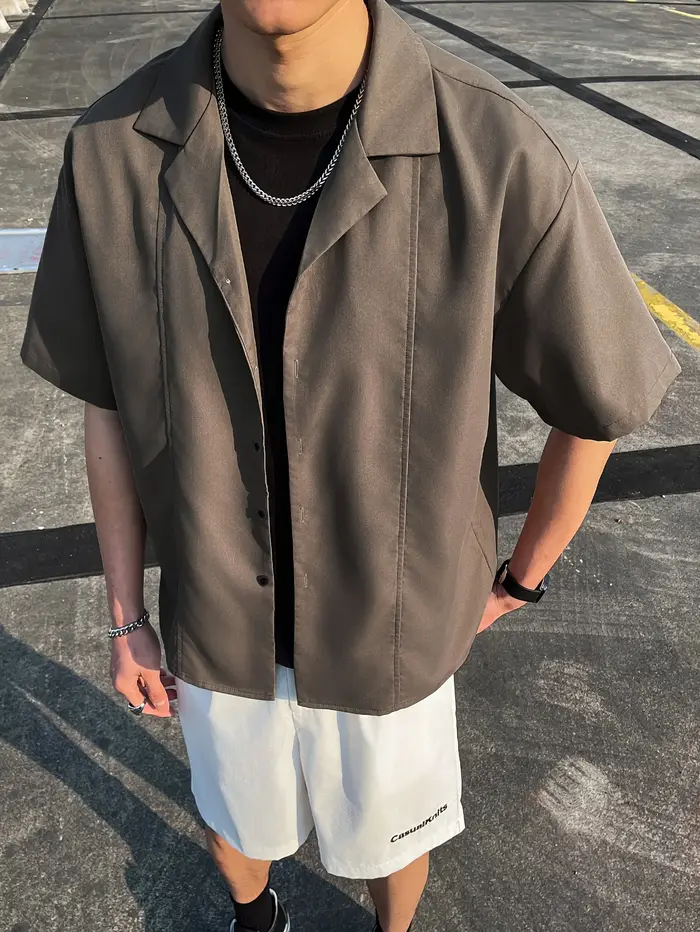 Chemise décontractée à col cubain pour hommes, à manches courtes, couleur unie, coupe ample, boutonnée, pour l'été