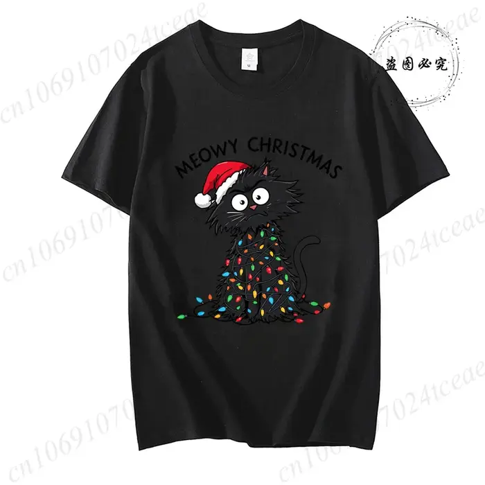 T-shirt graphique décontracté pour femmes – Imprimé de Noël Meowy, haut à manches courtes et col ron