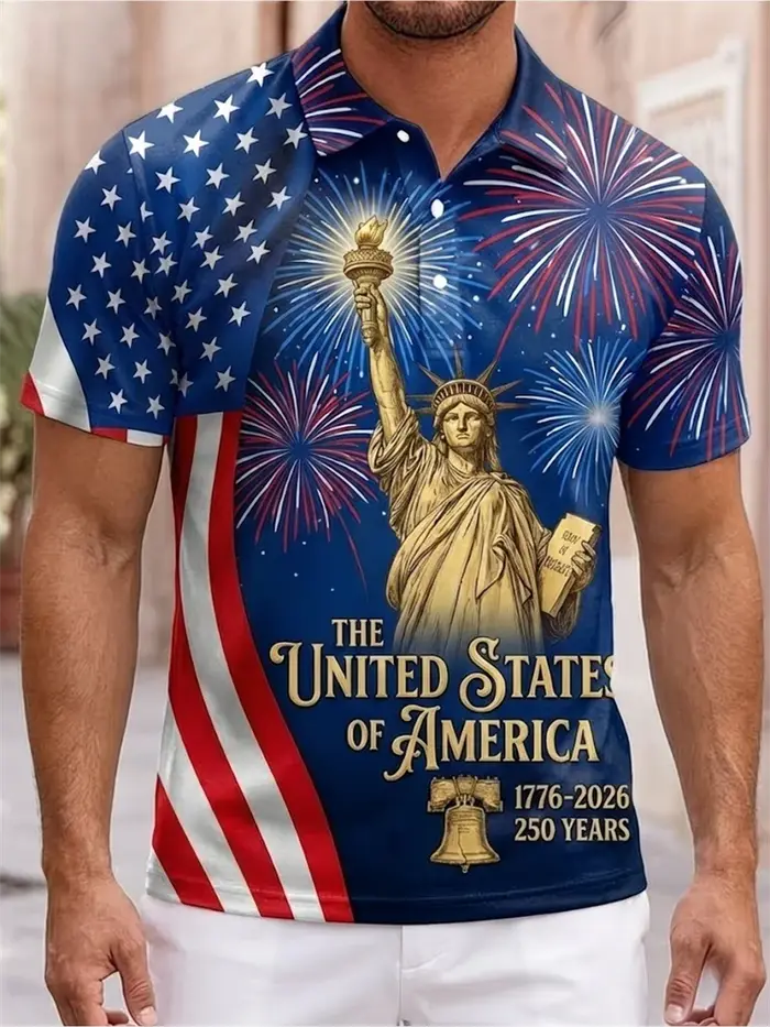 Patriotic USA 250 Memorial Polo Shirt Men Eagle Liberty Statue 3D Print Short Sleeve Breathable Streetwear For Summer Daily Wear