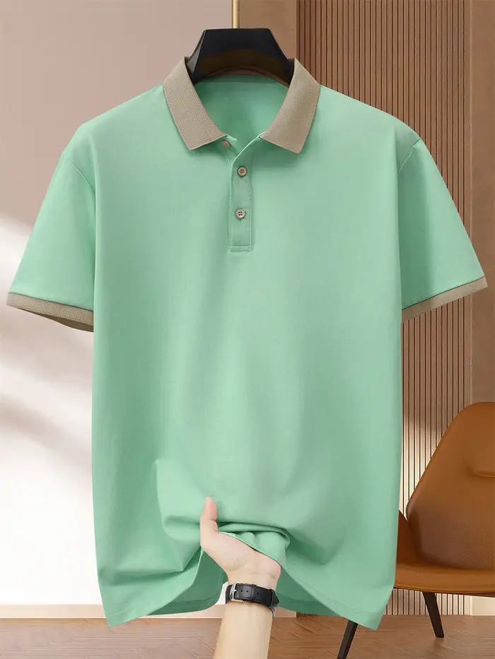 2025 Polo noir pour hommes contraste col Beige manchette manches courtes respirant affaires décontracté tissu doux