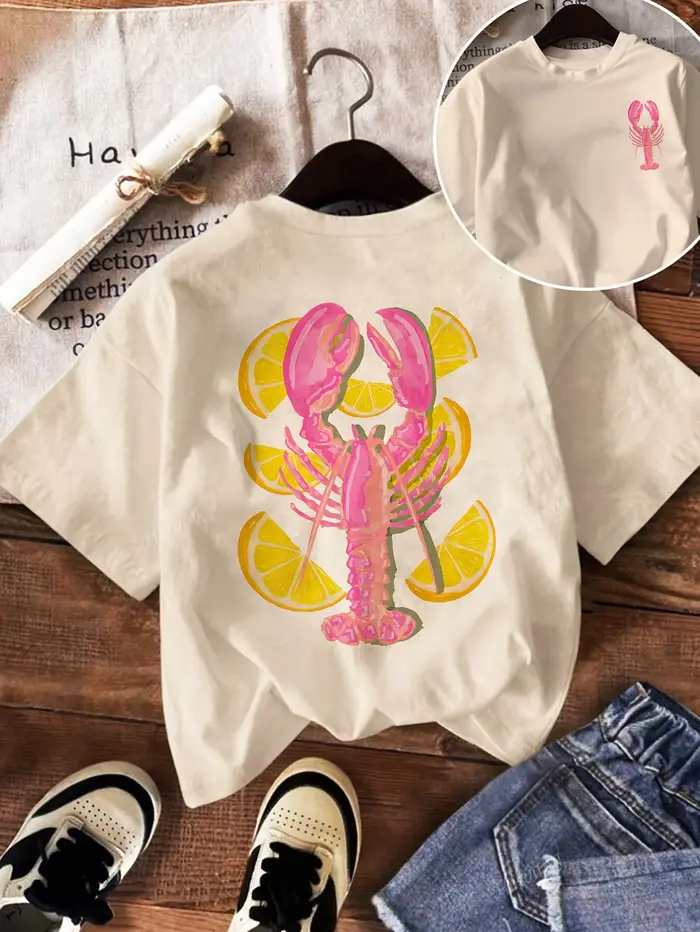 Femmes 100% coton homard citron tranche graphique T-Shirt à manches courtes haut d'été
