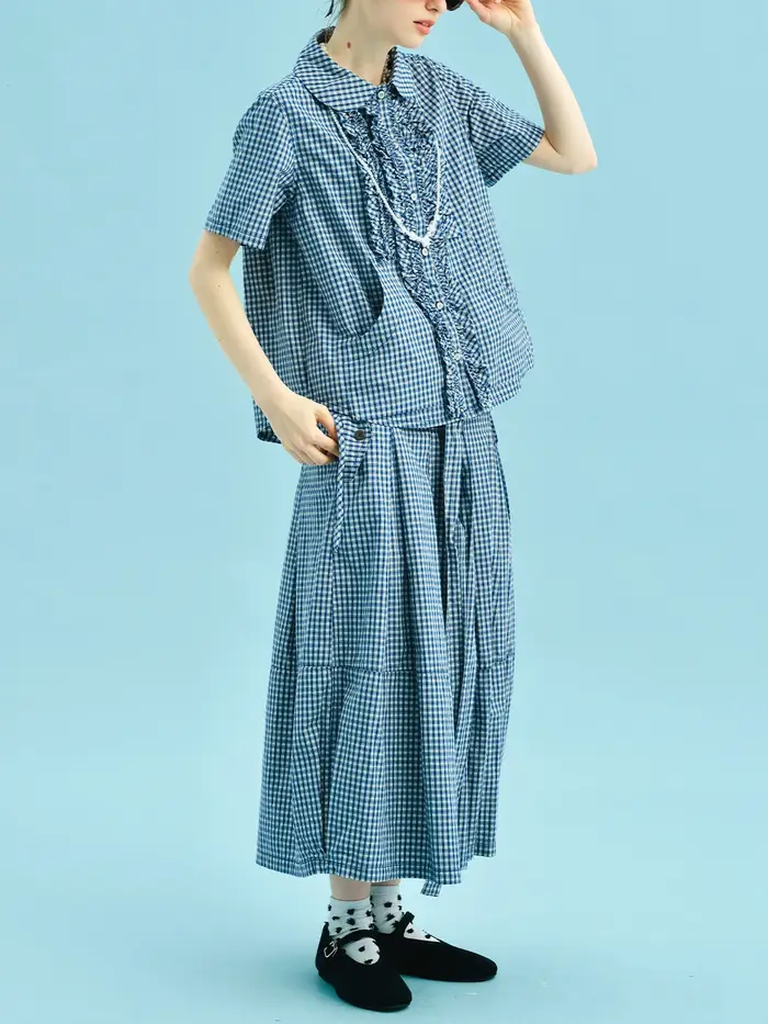 Chemise à carreaux bleue 2025 imakokoni style d'été pur coton lavé col de poupée dentelle manches courtes femmes 255011