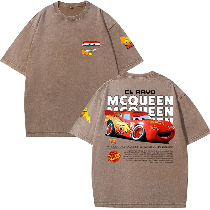 T-shirt Rétro Lightning McQueen Effet Délavé Homme et Femme Coupe Oversize Manches Courtes Motif Voiture Dessin Animé