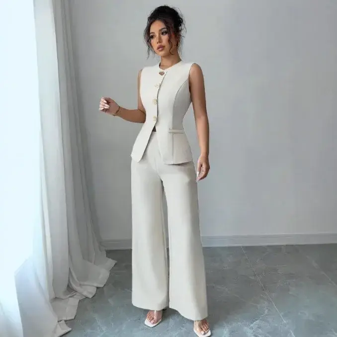 Ensemble chic pour femme 2026 : Gilet sans manches et pantalon large – Tenue de bureau élégante deux pièces décontractée
