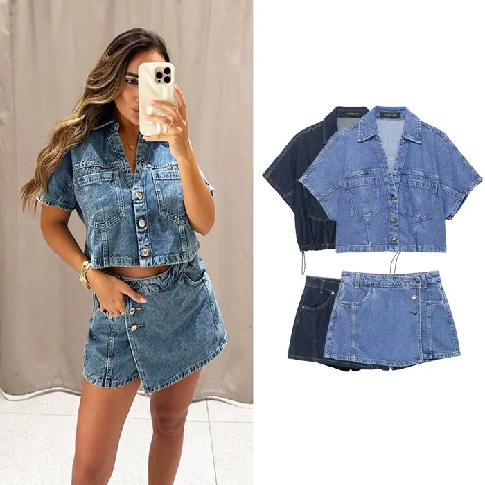 Ensembles de shorts en jean chics pour femmes ou chemises à manches courtes amples à col en V boutonnées ou t-shirts