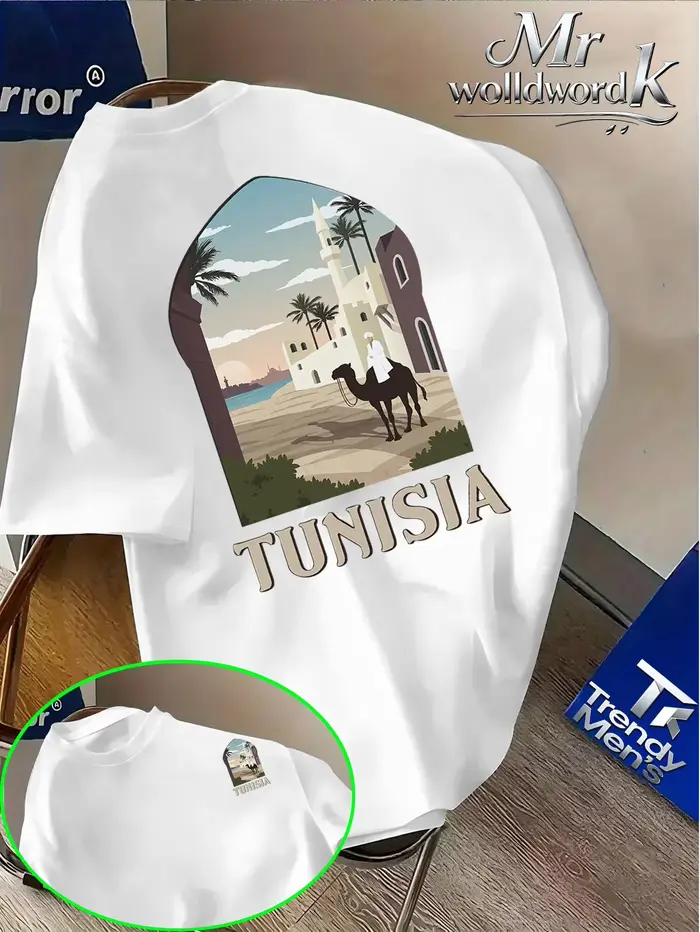 T-shirt pour homme de style nord-africain avec un motif de désert et de mosquée tunisiens, confortab