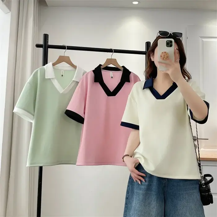 T-shirt décontracté à col polo et blocs de couleur pour femme grande taille, manches courtes, été 20