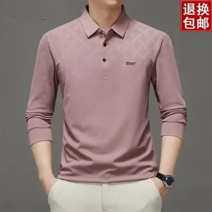 Polo à manches longues pour homme, col à revers, imprimé jacquard subtil, haut décontracté et polyva