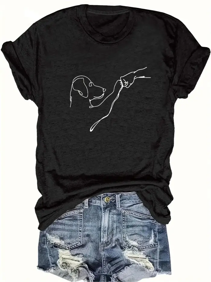 T-shirt imprimé chien et main, haut décontracté à manches courtes et col rond pour le printemps et l