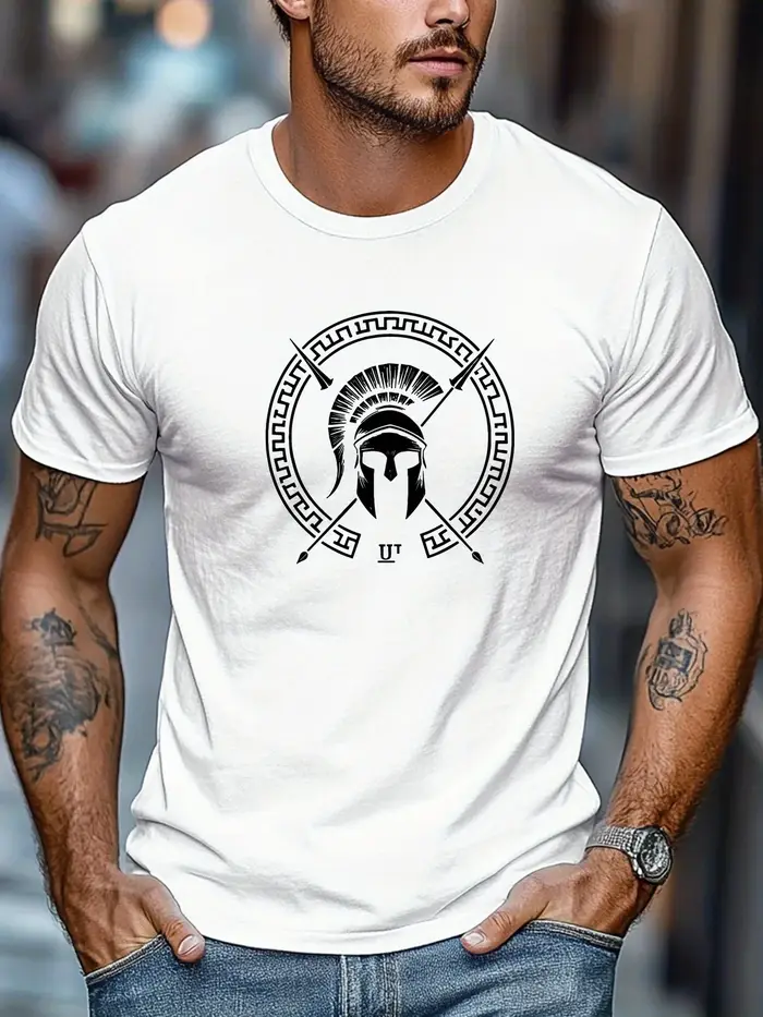 T-shirt d'été 100% pur coton pour hommes, décontracté, ample, motif casque Spartan imprimé, respiran
