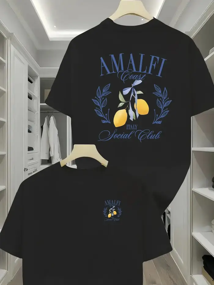 T-shirt pour homme inspiré de la côte italienne avec des citrons d'Amalfi et des lettres bleues élég