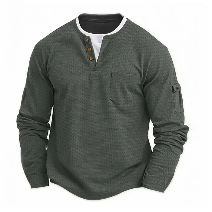 Homme nouveau bouton Henley col chemise à manches longues décontracté