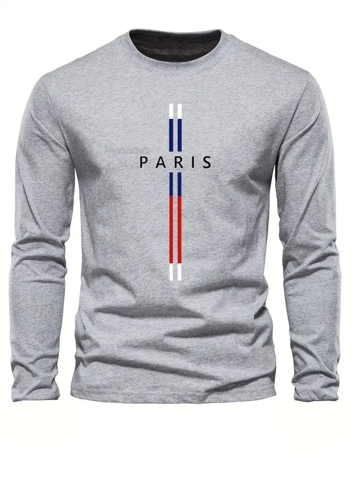 T-shirt à manches longues pour homme, col rond, imprimé graphique Paris Letter, 100% coton pur, ampl