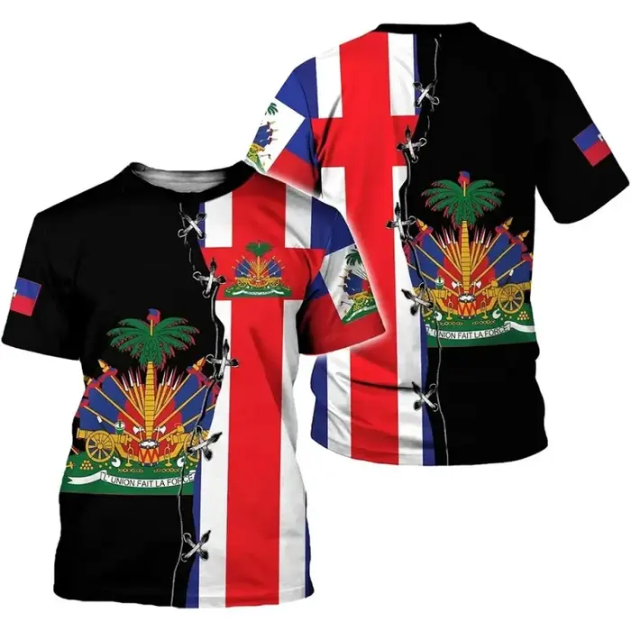Haïti National Emblème Motif T-Shirt Pour Hommes Drapeau Haïtien 3D T-shirts Imprimés Décontracté Lâ