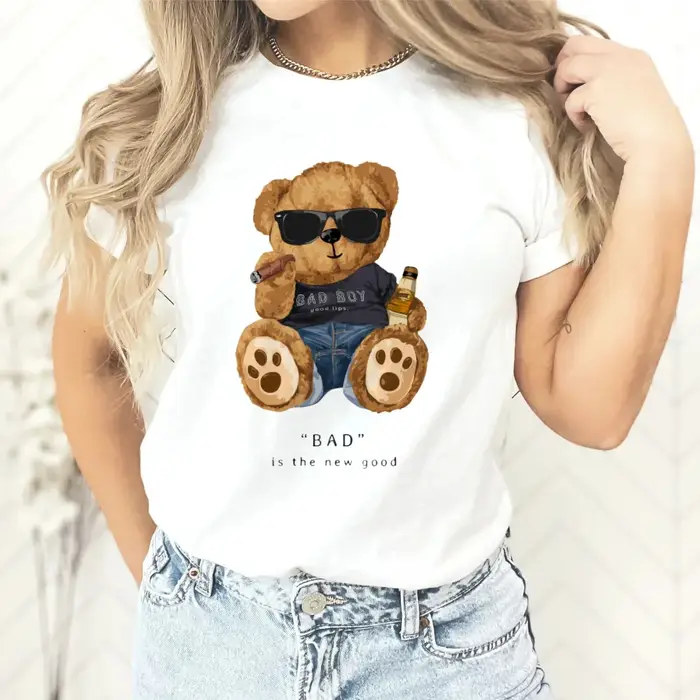 Nouveau Couple ours en peluche imprimé T-shirt Europe et états-unis mode col rond haut femme hauts surdimensionné