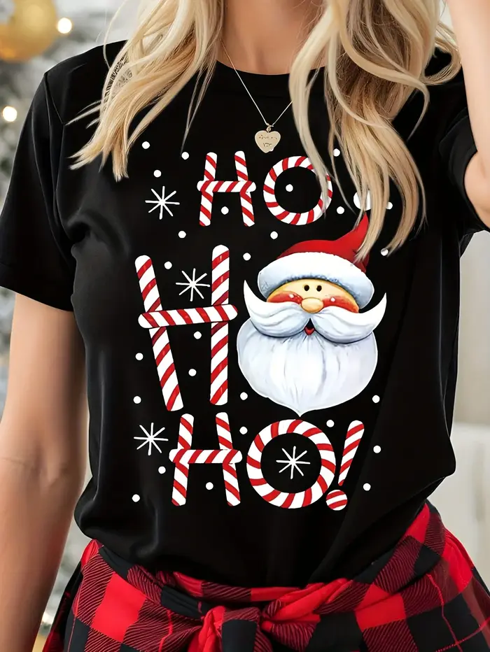 T-Shirt de noël pour femmes, haut de vacances, col rond, 100% coton, vêtements de fête, imprimé joye
