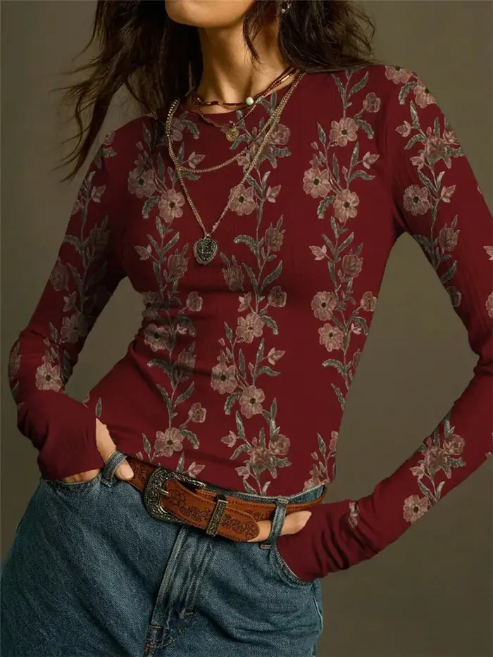 T-shirt moulant à manches longues pour femme, imprimé floral vintage, en polyester, tricoté, doux po