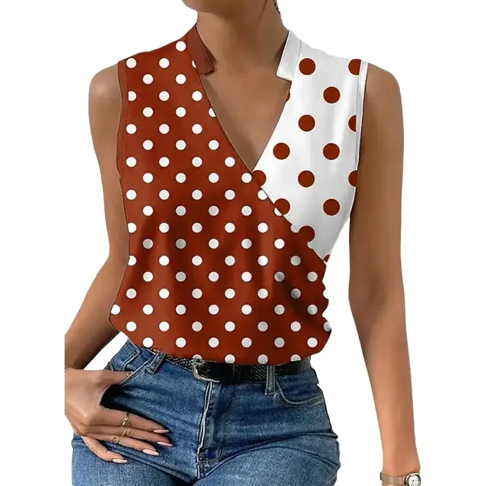 Débardeur Femme Tendance Printemps-Été Marron Blanc à Pois Col V Effet Cache-Cœur Rétro Décontracté Quotidien Saint-Valentin
