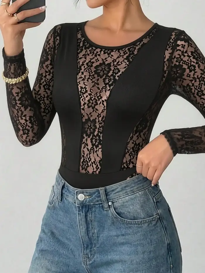Body en dentelle à manches longues et col rond pour femme