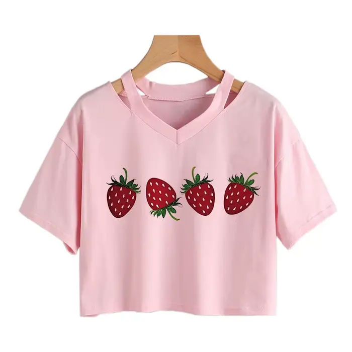 T-shirt court imprimé motif fraise, col rond, manches courtes, pour femme, vêtement décontracté prin
