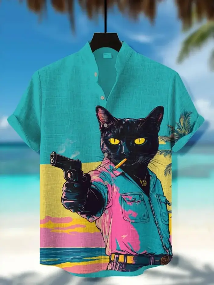 Chemise hawaïenne à manches courtes pour hommes, grande taille, à la mode, col montant, en lin impri