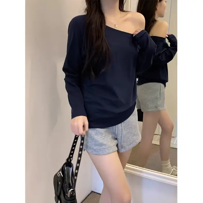 T-shirt asymétrique épaule dénudée à manches longues pour femmes