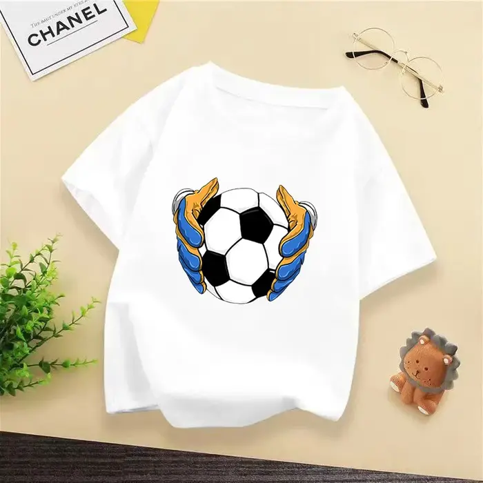 T-shirt pour enfants 100% coton à imprimé football, décontracté, respirant, à manches courtes, polyv