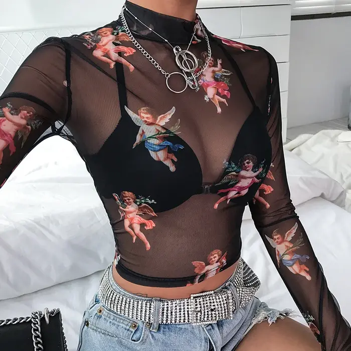 T-shirt à manches longues en maille transparente pour femmes