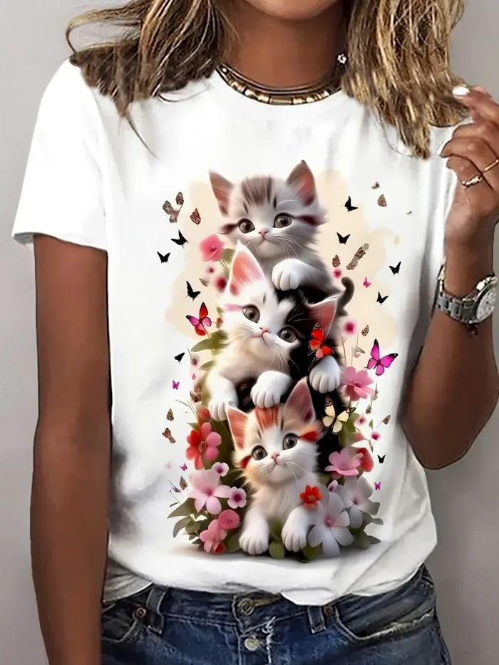 T-Shirt imprimé chat mignon pour femmes, doux, manches courtes, col rond, avec chaton vibrant, impri