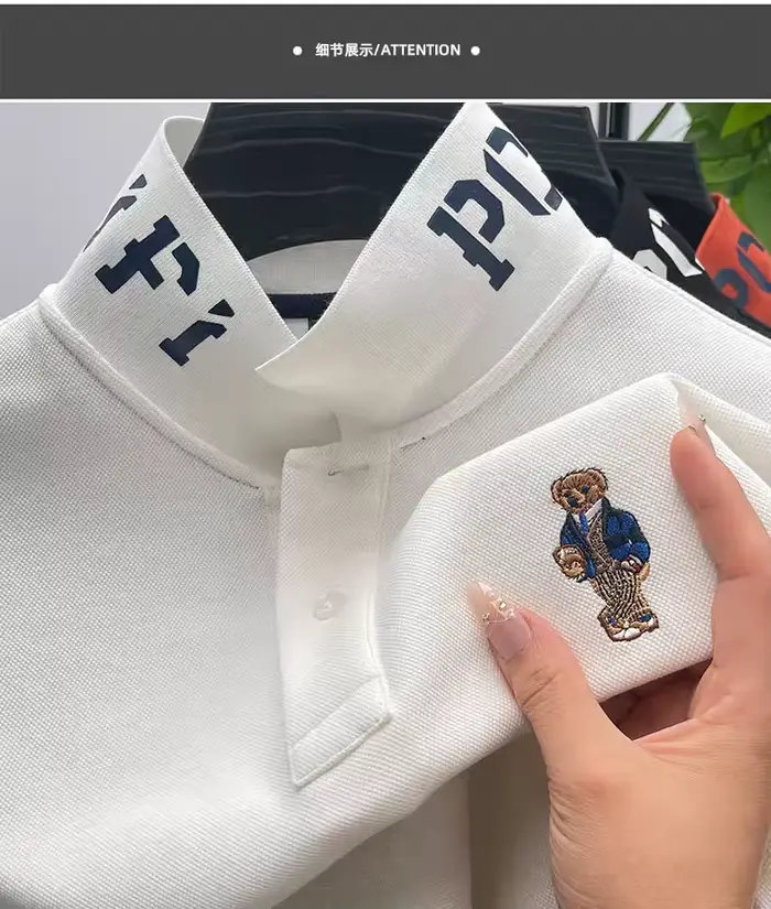 Marque de luxe hommes Polo revers ours broderie impression à manches longues 100 coton T-Shirt automne affaires mode