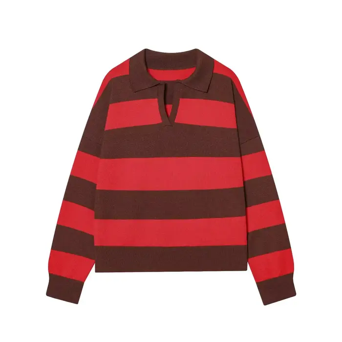 Nouvelle Arrivée Hiver – Pull Tricoté à Col Polo Rayé à Manches Longues – Style Décontracté Confortable en Fibre de Polyester Coupe Ample
