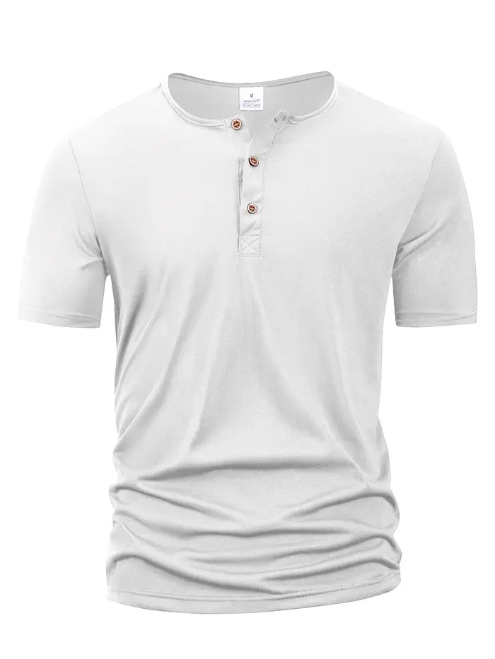 Été hommes col Henley T-shirts bouton mince décontracté mâle couleur unie à manches courtes