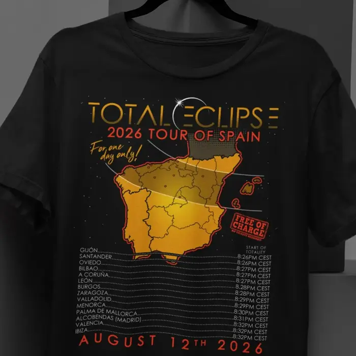 T-shirt graphique Eclipse solaire total Espagne 2026 – Carte de la trajectoire de l'éclipse imprimée – Coton unisexe surdimensionné à manches courtes pour les amateurs d'astronomie
