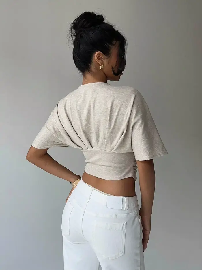 T-shirt d'été à manches courtes pour femmes, abricot, décolleté en V profond, ajusté
