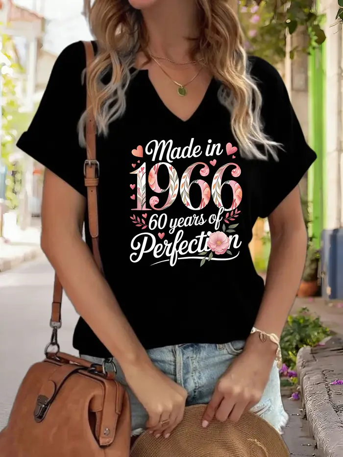 T-shirt graphique col en V pour femme « Made in 1966 », T-shirt imprimé « 60 ans de perfection », ha