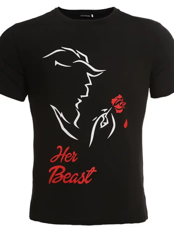 Sa beauté sa bête imprimer Couple t-shirt à manches courtes col rond ample roi reine