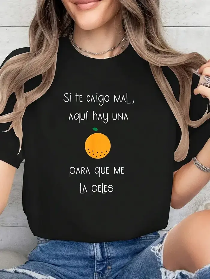 T-Shirt graphique Orange Humor espagnol- "Si Te Caigo Mal..." citation drôle col rond hauts femmes t-shirts graphiques été Streetwear