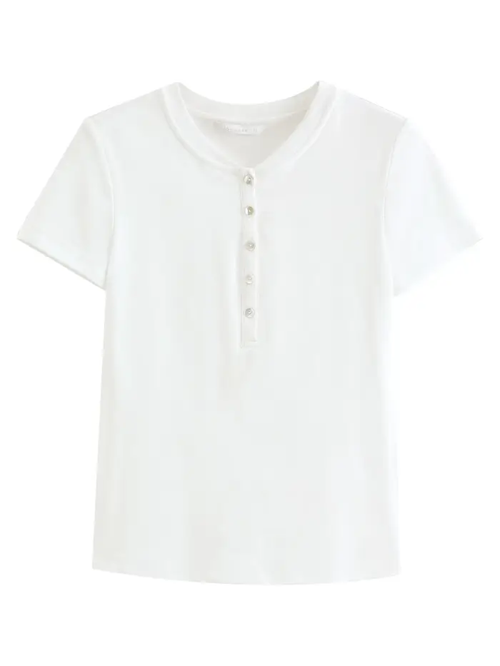 FSLE Nouveau T-shirt blanc ajusté à manches courtes pour femme avec boutons