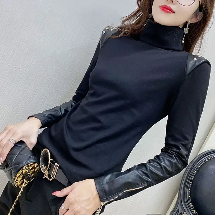 Noir dames T-shirts élégants automne hiver nouveau à manches longues demi-col haut sous-couche chemise mode polyvalent
