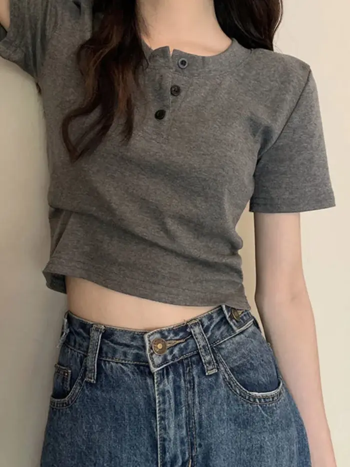 Femmes t-shirt bouton ouvert à manches courtes haut court dames vêtements 2024 solide basique
