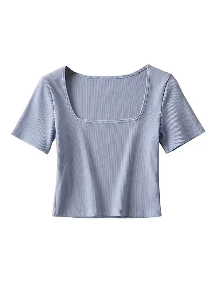 T-shirt court côtelé à col carré pour femmes, haut court à manches courtes