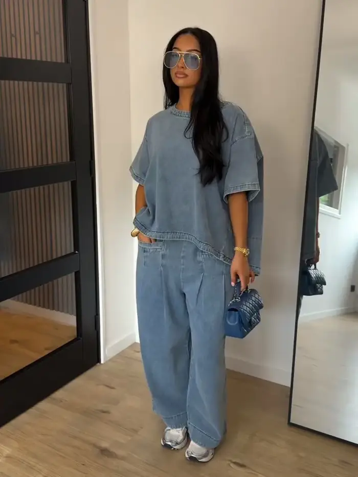 Ensemble pantalon et haut oversize en jean pour femme