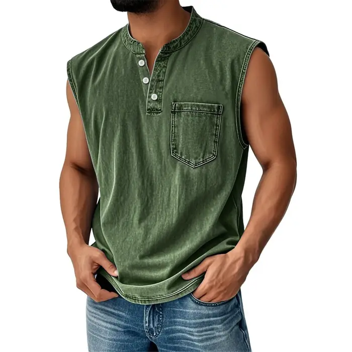 T-shirt sans manches vintage américain pour homme, coupe ajustée décontractée avec poche, idéal pour