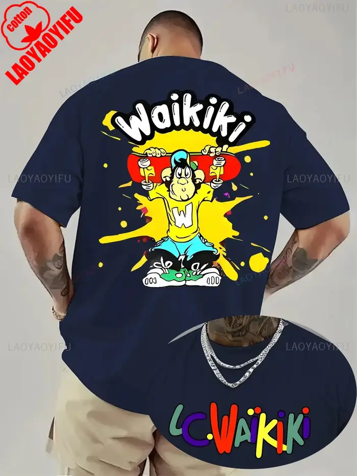 Waikiki T-shirt graphique pour hommes Bold Back Print Streetwear Tee Texture confortable